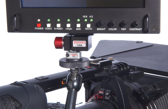 ZicroMount attached to monitor, Zacuto ZUD, Noga arm